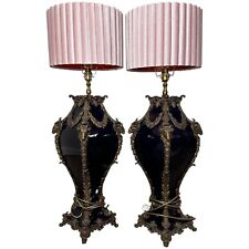 Pair Statement French Large Rams Bronze Blue Ceramic Table Lamps & Pink Shades picture