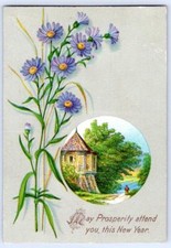1880-90's VICTORIAN MAY PROSPERITY ATTEND YOU NEW YEAR GREETING CARD FLOWERS picture