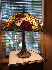 Large 22 1/2” Dragonfly Base Stained Glass Double Bulb Lamp picture