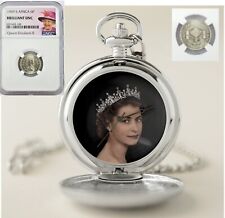 Queen Elizabeth II Majestic Gift Set: Pocket Watch & BU Silver 6 Pence NGC picture