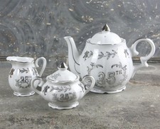 Lefton 25th Anniversary Teapot, Creamer, and Sugar Set, white and grey, vintage picture