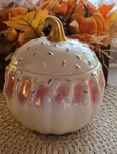 Pretty Pink and White Sprinkle Icing Pumpkin Storage Jar Pastel Halloween Decor picture