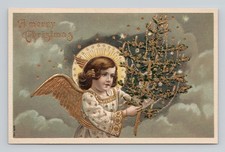 Vintage 1910s Christmas Angel Tree Embossed Gold Gilt German Postcard picture