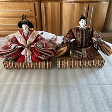 Vintage Japanese Hina Ningyo Doll Set Of 2 Emperor Empress Japan Platform Base picture