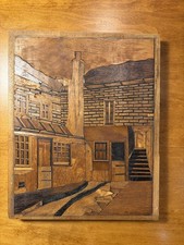 Vintage Wood Marquetry Courtyard Street Scene Inlay Panel Wall Art 8x10 picture