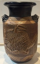 Mid Century Modern Chinese Terracotta Floor Vase Relief Design Double Handle 13