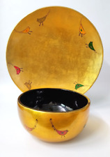 Vintage Black Laquer and Gold Leaf Charger & Bowl Bird Design MCM picture