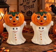 Vintage Lefton  Halloween Pumpkin and Ghost Tealight Candle Holder Set of 2 picture
