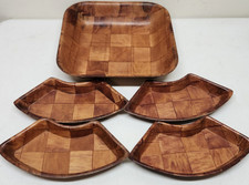 Parquet Woven Wood Salad & Serving Bowl 5pc Set VTG MCM 70s  picture