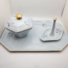 Antique T&V Limoges France 3 Pc Vanity Set Blue Pink Roses Tray Powder Jar picture