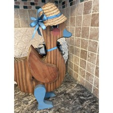 Vintage Handcrafted Wood Country Goose Figurine with Straw Hat & Blue Bow picture