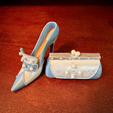 Miniature Light Blue Heel & Purse Figurine Set Pearl Rhinestone Vanity Decor picture