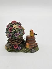 Vintage Miniature Garden Birds Flower Basket Barrel Resin Figurine 4.5” picture
