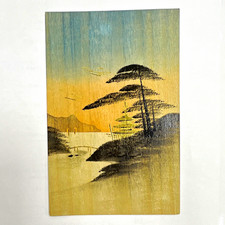 Vintage Japanese Landscape Art Wooden Postcard  Made in Japan picture