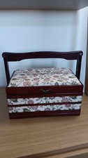 Vintage Wood Cloth Sewing Basket Velvet Lined picture