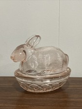 Vintage Pink Glass Rabbit on Nest Covered Candy Dish Bunny Taiwan MCM 4.5” picture