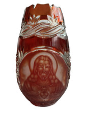 Vintage Bohemian Ruby Red Cut-to-Clear Crystal Vase Etched Portrait picture