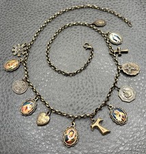 Catholic Saints Enamel Medal Charm Necklace Cross Agnus Dei Bronze Tone 20” picture