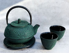 Japanese Evergreen Bamboo Forest Green Cast Iron Tea Pot Set With Trivet and Cup picture