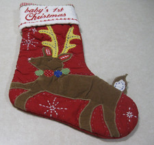 Vintage Baby's First Christmas Stocking w/ Reindeer w/ Antlers Quilted Handmade picture