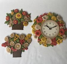 Vintage 70’s Syroco Wall Hangings And Orange Yellow Flowers Clock Plastic picture