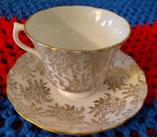 Vintage Royal Vale Bone China Teacup Saucer Set Gold Floral Chintz England picture