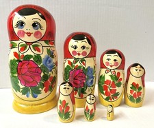 Vintage USSR Russian Nesting Dolls 7 Pc Hand Painted Floral Matryoshka Doll Set picture