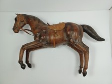Vintage Leather Wrapped Horse Figurine Statue Dark Brown Saddle Reins Rearing picture