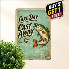 Lake House Angler Gone Fishing Sign Rustic Outdoor Sportsman Metal Tin Plaque picture