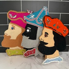 Vtg 1970s Sequin Felt Three Wise Men Wood Wall Decor Set picture