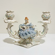 Irish MZ Dresden “Simone” 2 Candle Candelabra Porcelain Lace Figurine w/ Guitar picture