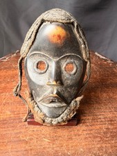 Vintage Dan Wood Mask Round Eyes Braided Fiber Hair Beard West African 8in picture