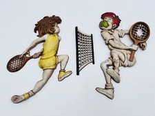 VTG 70s Cast Metal Tennis Player Wall Plaques Whimsical Pair Set SEXTON with Net picture