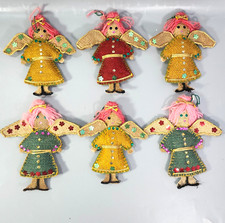 Rustic Vintage Xmas Ornaments Burlap Knit Angels 6” Doll 1970s Holiday Lot of 6 picture