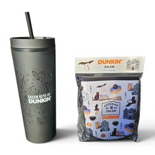NEW Salem MA x Dunkin Donuts Black Tumbler Cup & Entering Salem Sleeve L.E. Set  picture
