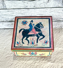 Vintage Hand Painted Wooden Trinket Jewelry Box • Black Horse Rider • Floral Lid picture