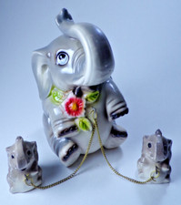 Vintage Ceramic Elephant Family Anthropomorphic Mom & Babies On Chain Kitsch picture