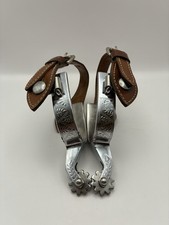 Crockett Renaldo Engraved Western Spurs Steel Stitched Leather Straps Vintage picture