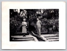 Vintage Photograph Older Couple Stone Garden Grotto Arch Potted Plants 1949 picture