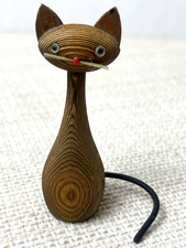 Vintage Otagiri OMC Cryptomeria Wooden Kitty Cat Glass Eyes MCM Japan 3.5” 1960s picture