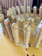 Primitive Wooden Snowmen Garland Beige Crackle Paint with Orange Noses picture