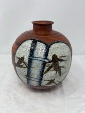 Vintage Japanese Okinawa Style Pottery Medium Globular Vase Hand Painted 7” x 6” picture