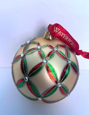 Waterford large round geometric glass ornament gold red green rhinestone accent picture