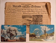 RARE New York Herald Tribune - World's Fair Opens, April 30, 1939 & 2 Postcards  picture