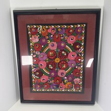 Vintage Hungarian Matyo Tablecloth With Fringe Floral Vibrant Embroidered Framed picture