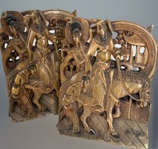 Antique Oriental Hand Carved Wood Bookend Village Scene Folk Art Gold 6 In picture