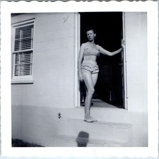 c1950s Woman Strapless Swimsuit Doorway Snapshot Photo Pinup Retro Fashion House picture