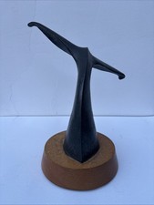 Vintage Whale Tail Sculpture Bronze Patina Wood  Base Coastal Nautical Art 15” picture
