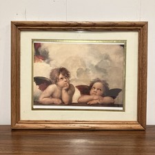 Vintage Wood Framed Cherub Angels Thinking Cottagecore Granny 90s Decor 14.5” picture