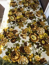Vtg 60s Flower Power Cotton Tablecloth Large Oval Yellow & Browns 58” Diameter  picture